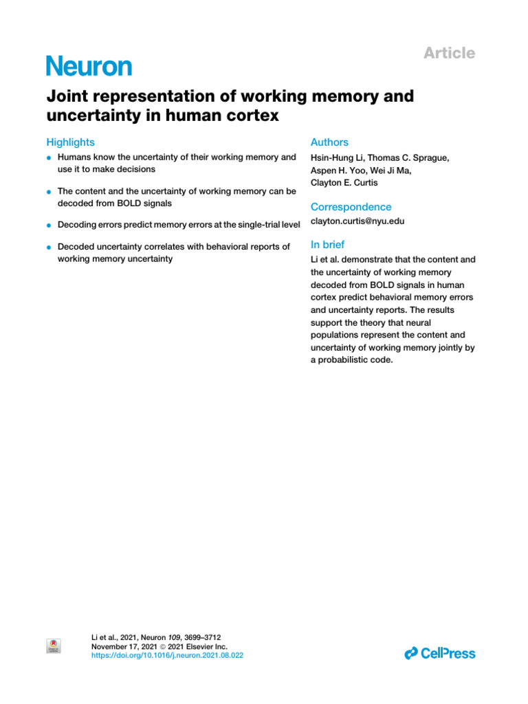 Joint Representation of Working Memory and Uncerta | PDF
