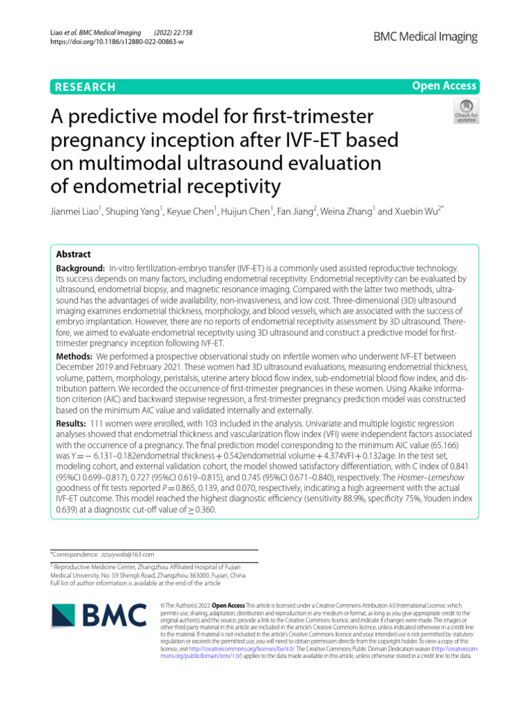 A Predictive Model For First-Trimester Pregnancy Inception After IVF-ET ...