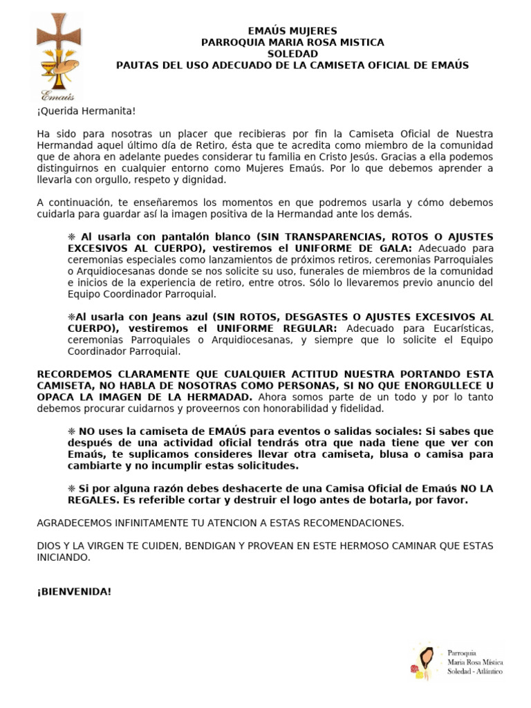 Pautas Del Uso Adecuado de La Camiseta Oficial de Emaús | PDF