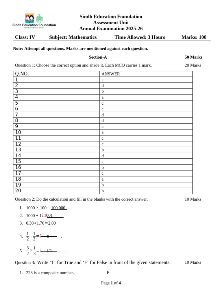 Answer Key Mathematics-Grade 4 | PDF