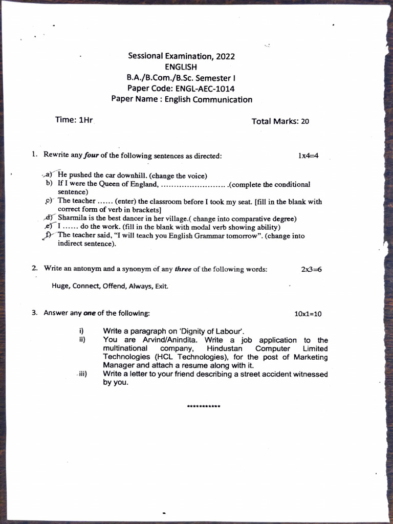 AEC English Sessional 2022 (TDC Course) | PDF