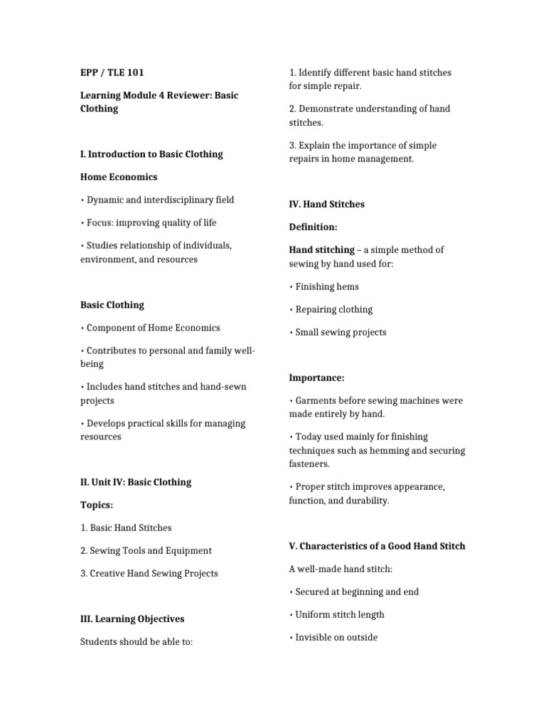 Basic Clothing Reviewer Module4 | PDF | Sewing | Seam (Sewing)