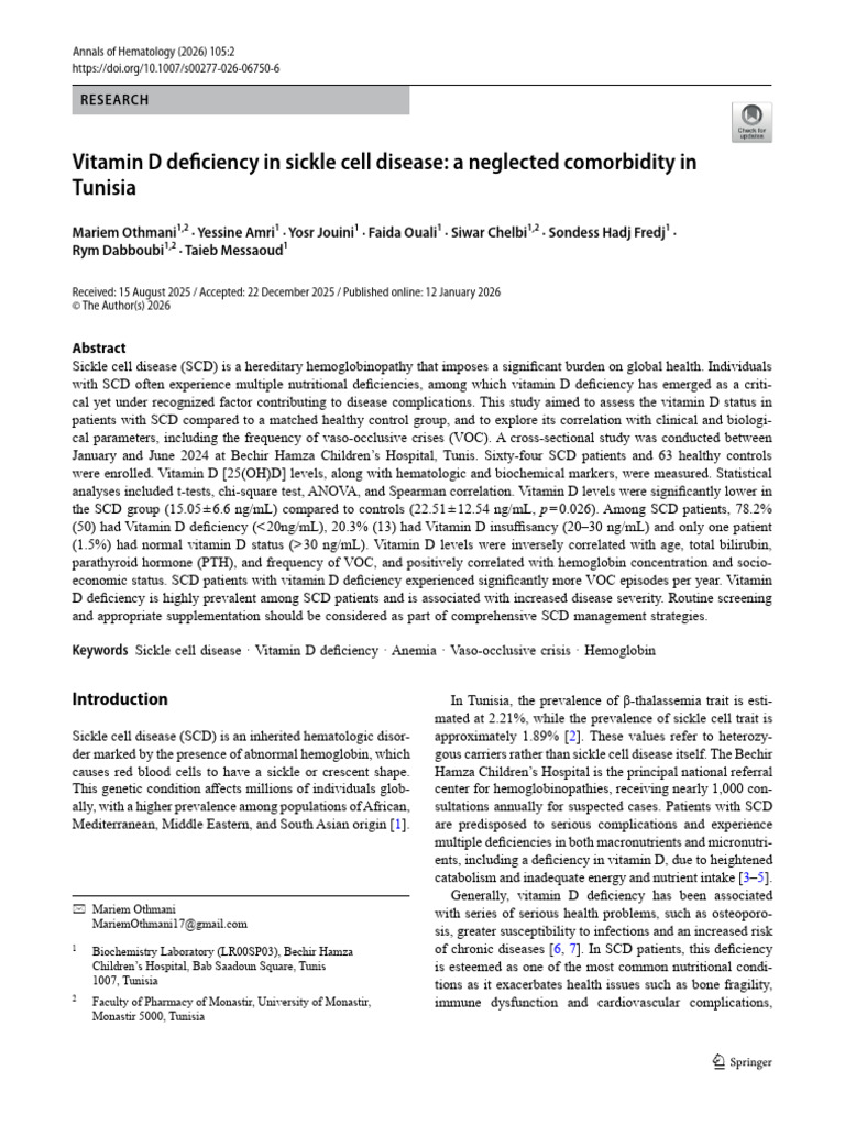 Vitamin D Deficiency in Sickle Cell Disease: A Neglected Comorbidity in ...