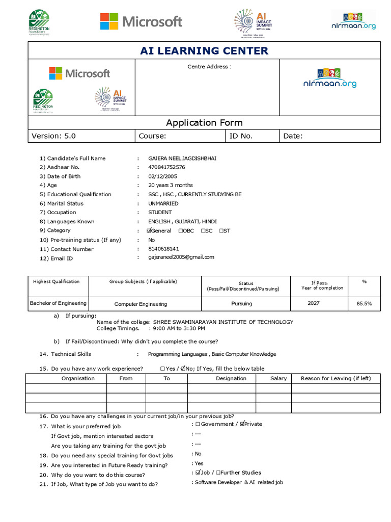 Student Application Form - Nirmaan Organization (AI SKILL LEARNING ...