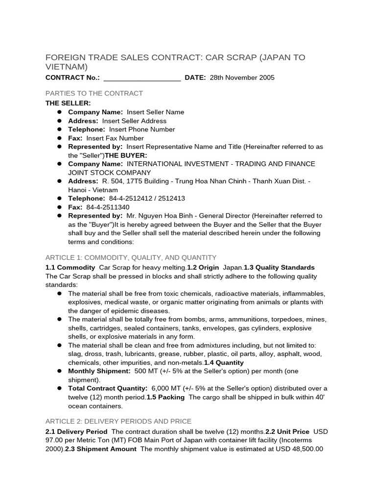 Foreign Trade Sales Contract - Car Scrap (Japan To Vietnam) | PDF
