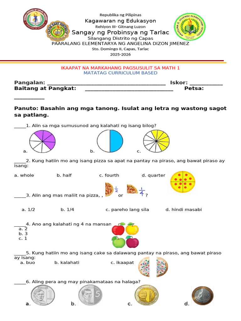 MATH Tagalog Version 4th PT | PDF