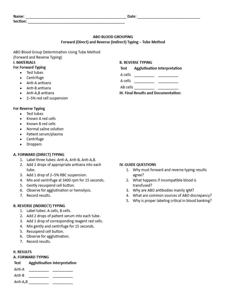 Worksheet 4 - Forward and Reverse Blood Typing Tube Method | PDF ...