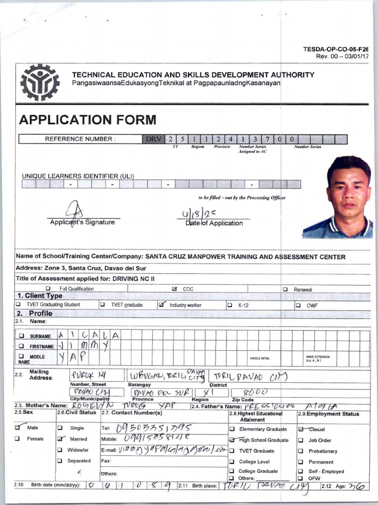 Tesda Application Form | PDF