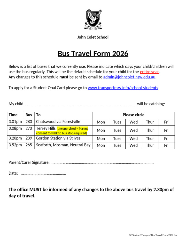Bus Travel Form 2026 | PDF