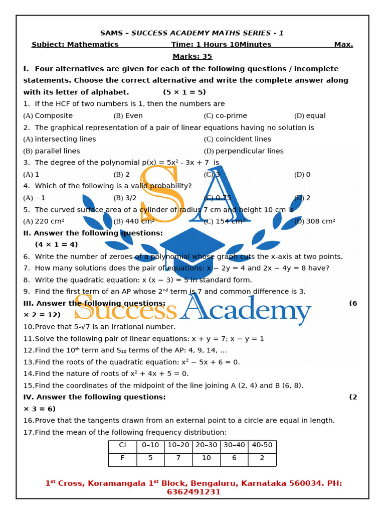 SSLC MODEL QUESTION PAPER - mATHS | PDF | Equations | Circle