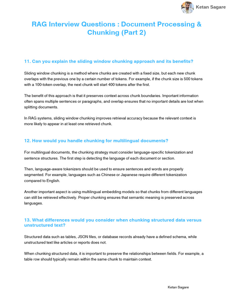 RAG Interview Questions: Document Processing & Chunking (Part 2) | PDF ...