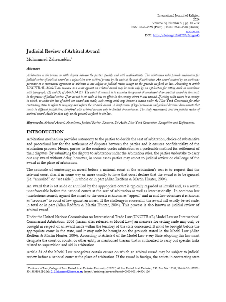 Judicial Review of Arbitral Award | PDF | Arbitration | Arbitral Tribunal