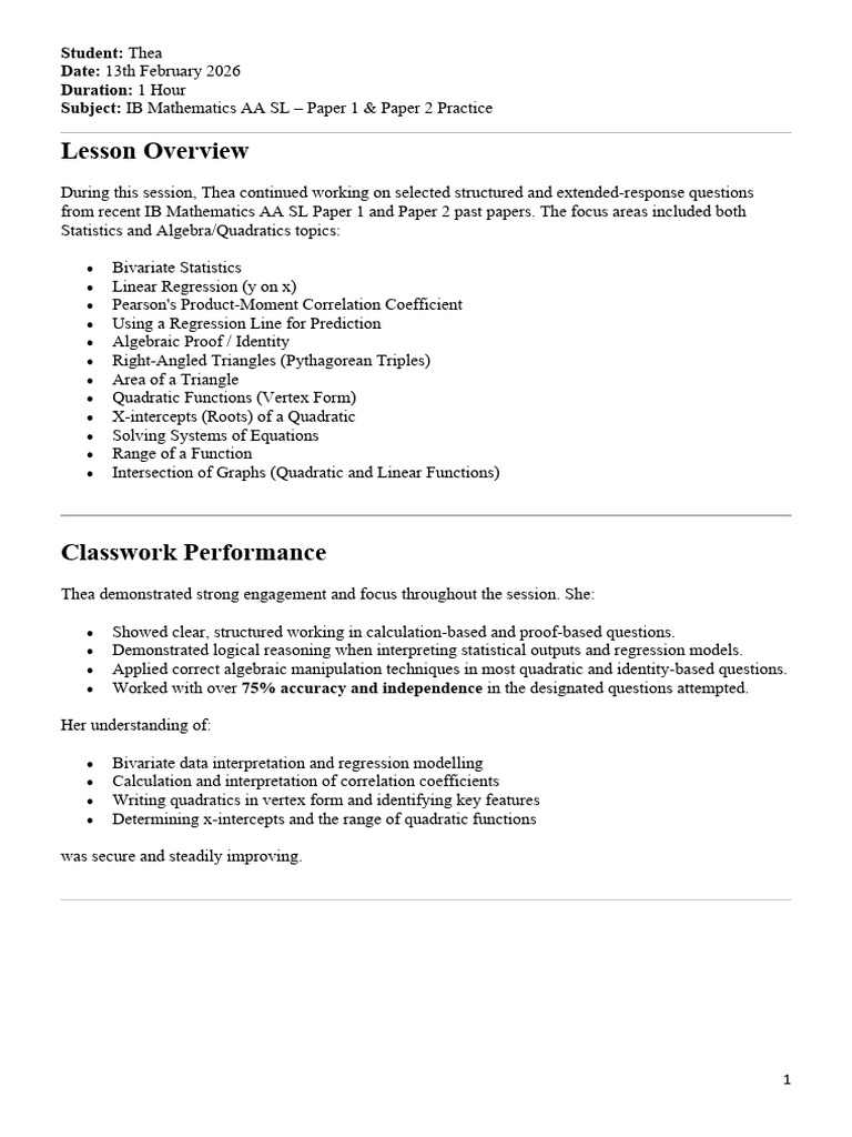 Maths Lesson Report - Thea - 13th February 2026 | PDF | Quadratic ...