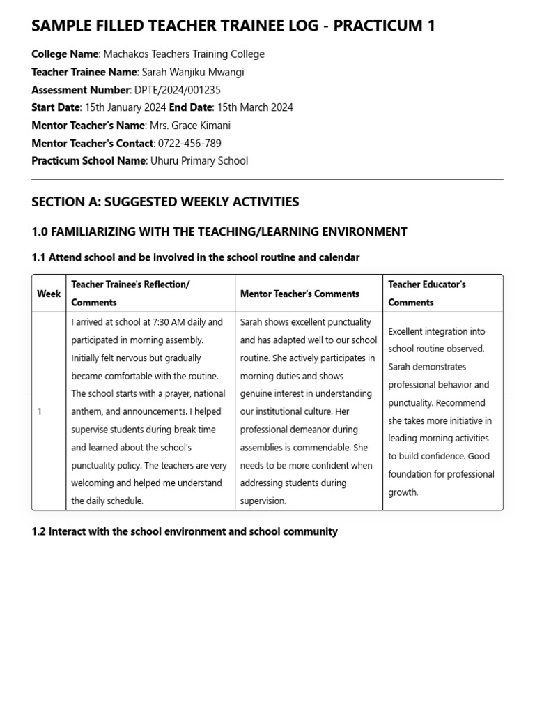 0.04 Sample Filled Teacher Trainee Log - Practicum 1 | PDF ...