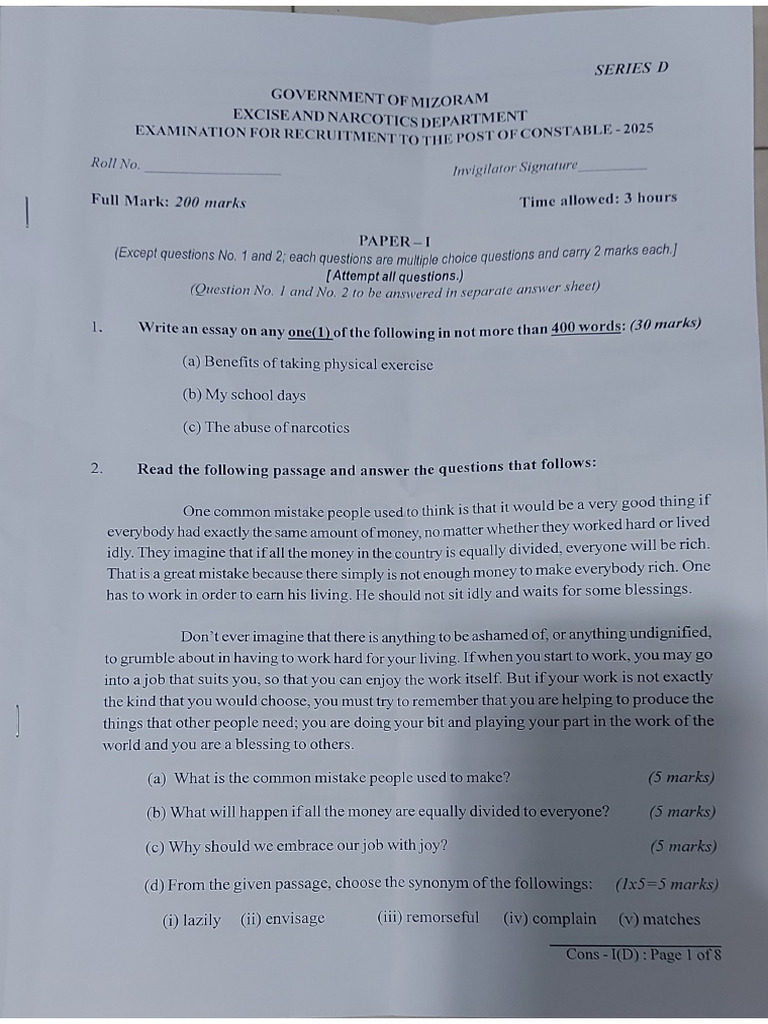 Excise Constable Paper - I | PDF
