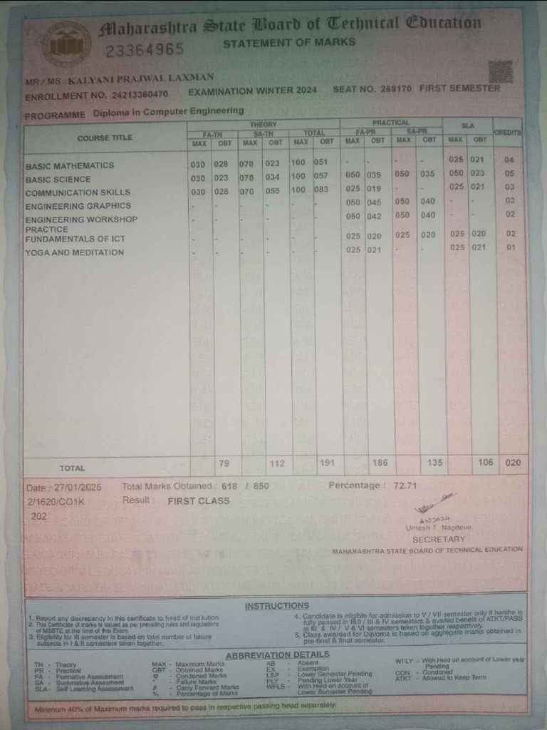 Marksheet Odd and Even 1 Year - Compressed | PDF
