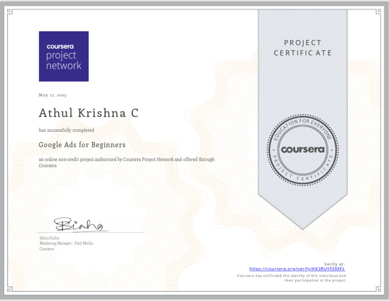 Athul Krishna C: Project Certificate | PDF