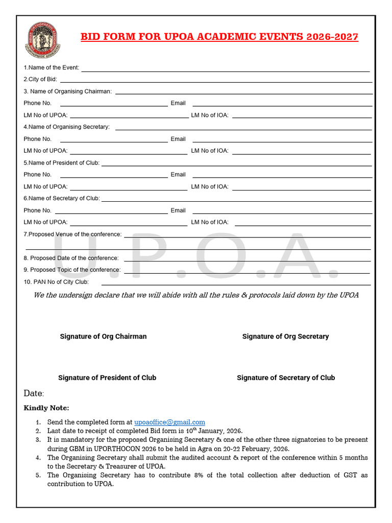 BID Form For UPOA Academic Events 2026 2027 | PDF