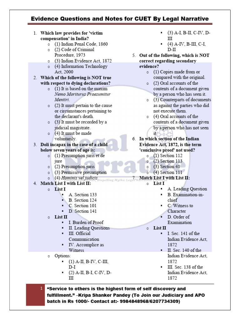 Evidence Questions and Notes For CUET by Legal Narrative | PDF ...