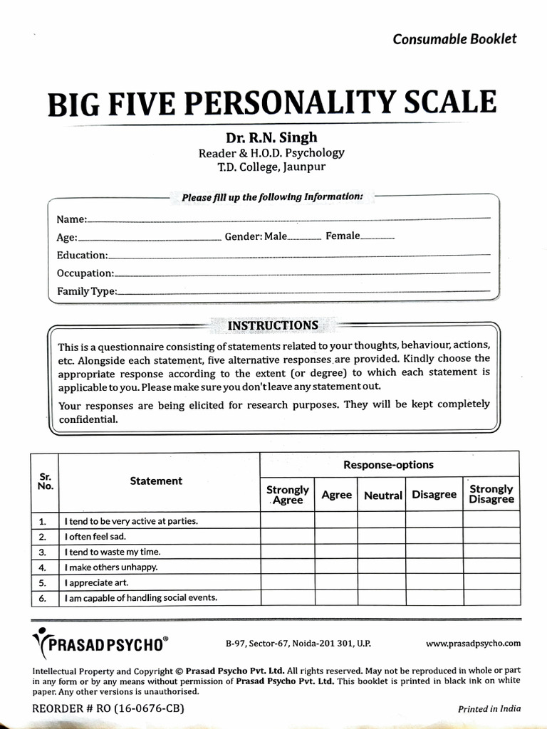 Big Five Personality Scale Manual and Response Sheet | PDF ...