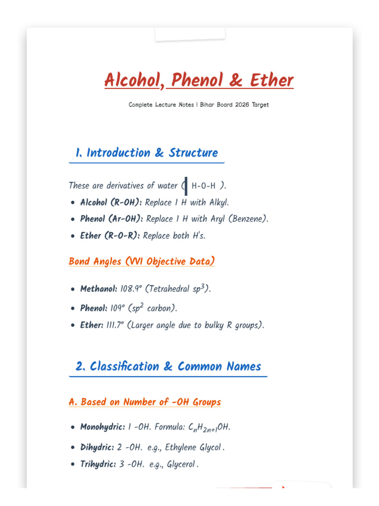 Master Notes - Alcohol, Phenol & Ether (BSEB 2026) | PDF