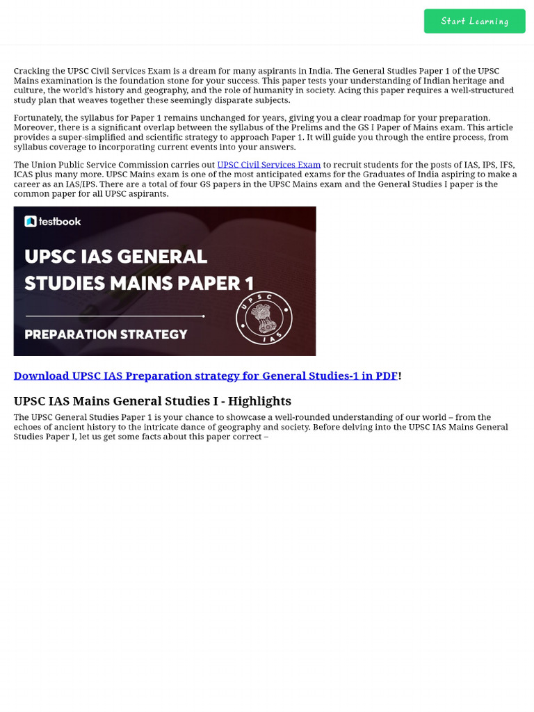 UPSC IAS Preparation Strategy For Mains General Studies Paper 1 | PDF