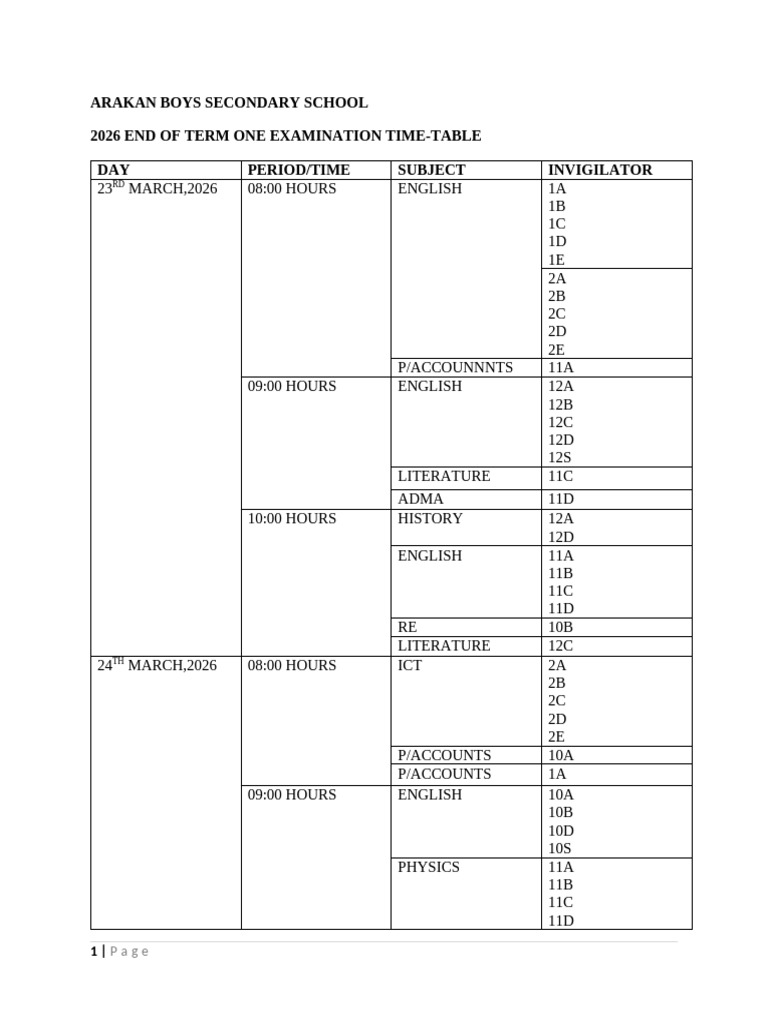 Time-Table Term One 2026 | PDF