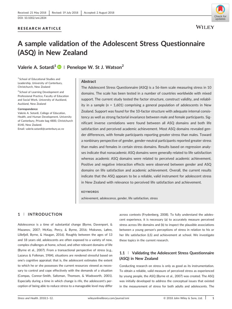 A Sample Validation of The Adolescent Stress Questionnaire (ASQ) in New ...