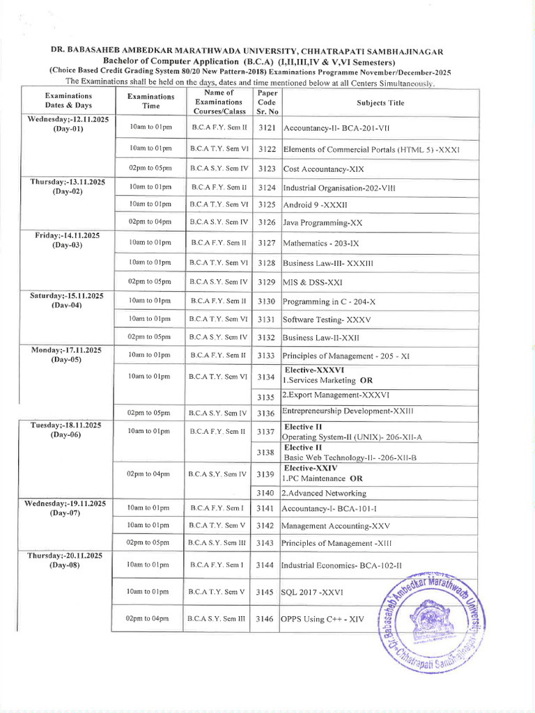 BCA (MGT) Pattern-2022 I To VI Sem Time Table Nov.-Dec.-2025 | PDF