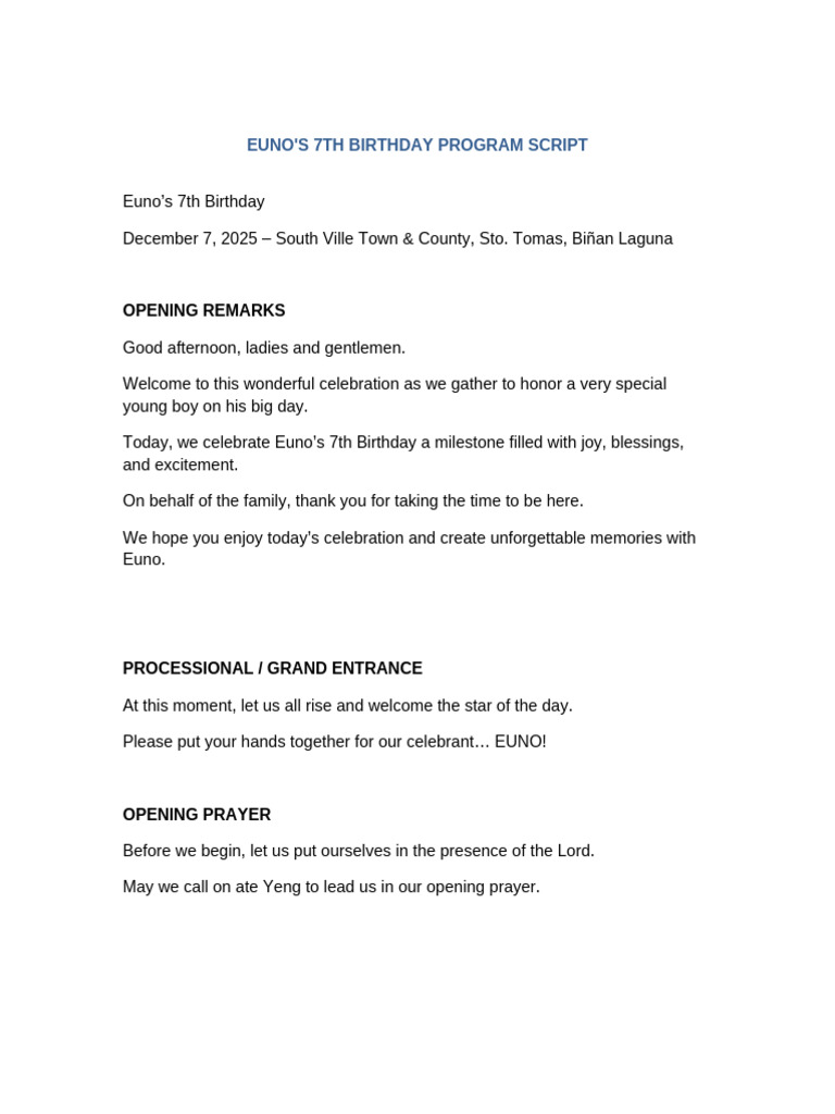 Euno's 7th Birthday Script | PDF | Birthdays