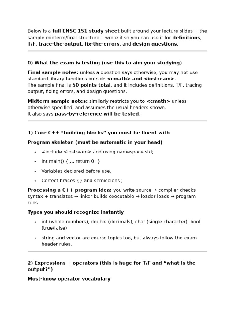 Below is a Full ENSC 151 Study Sheet Built Around Your Lecture Slides ...