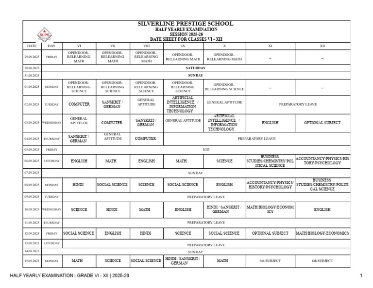 Date Sheet - Half Yearly 2025 - 26 - VI-XII - Main | PDF