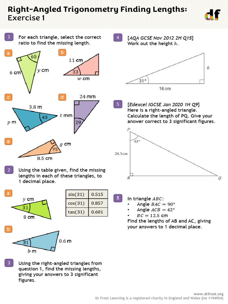 MYP5S 5.1.2 Right-Angled Trigonometry Finding Lengths - Exercise 1 | PDF