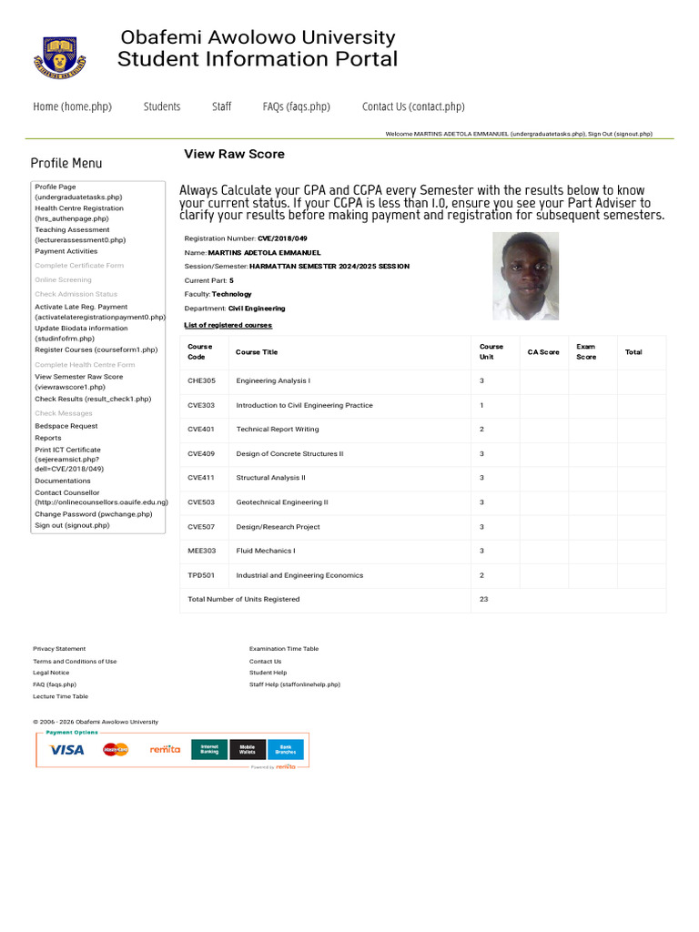 Obafemi Awolowo University - View Score | PDF