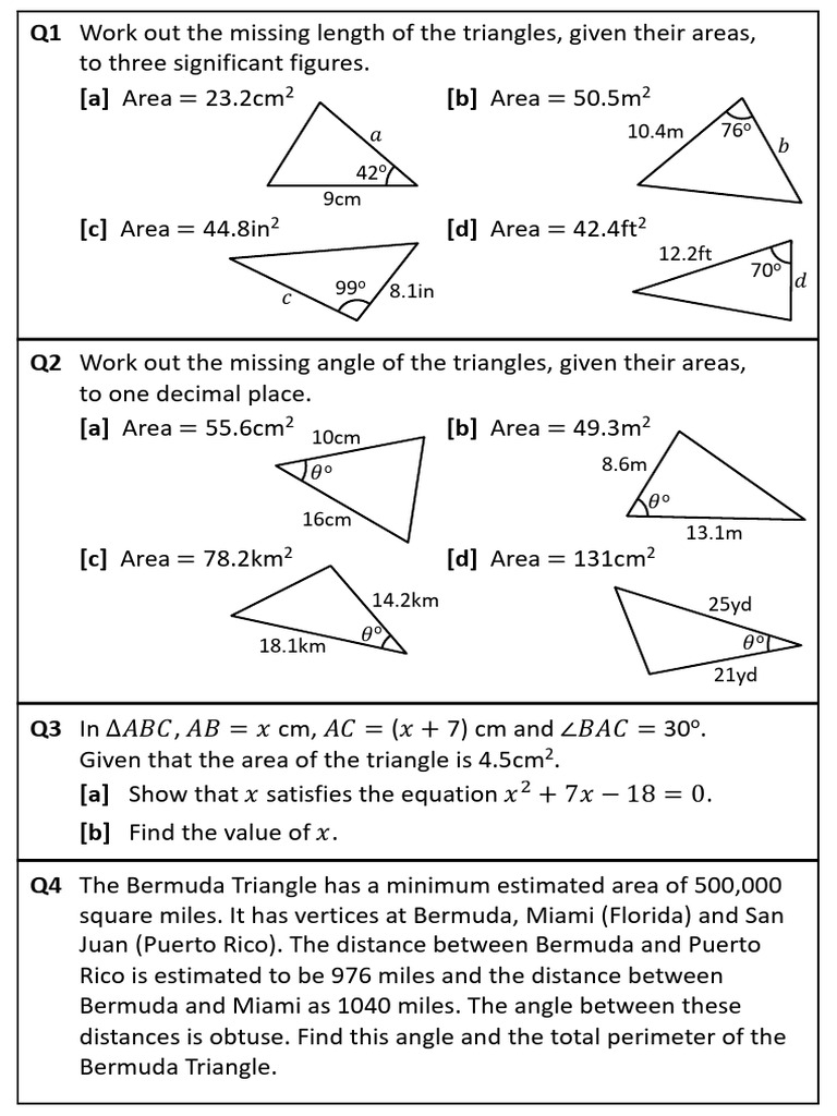 MYP5S 5.2.3 Area of A Triangle Trig Worksheet 2 | PDF