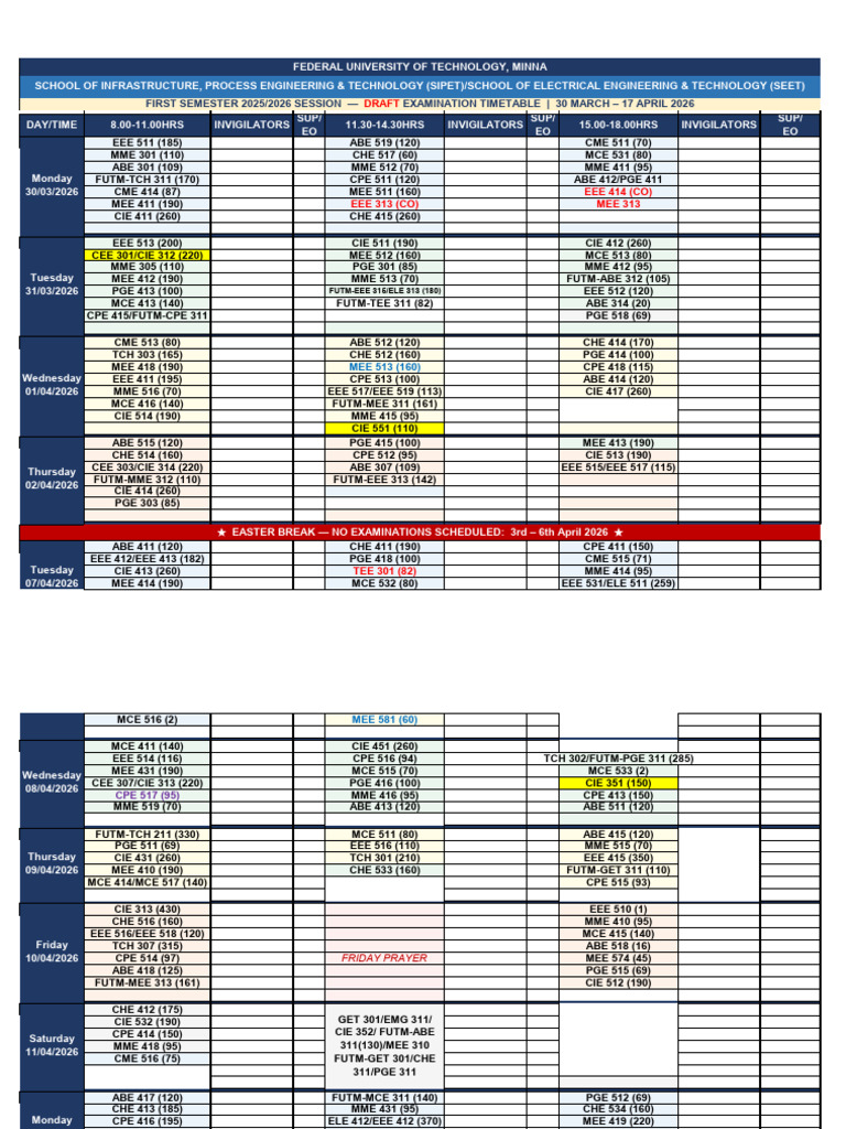 SIPET SEET DRAFT Examination Timetable First-Semester 2025 2026 | PDF