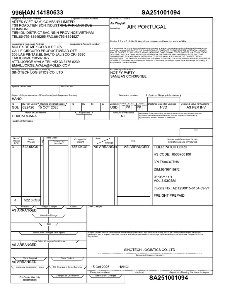 SA251001094 - 996-14180633 Air Waybill - HAWB | PDF