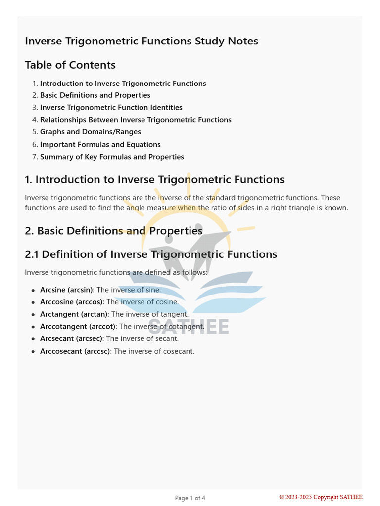 Inv Trigonometric Functions Notes | PDF | Trigonometric Functions ...