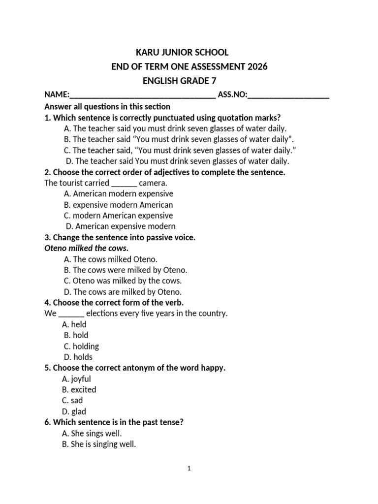 Eng Grade 7 Term 1 2026 | PDF | Linguistic Morphology | Syntax