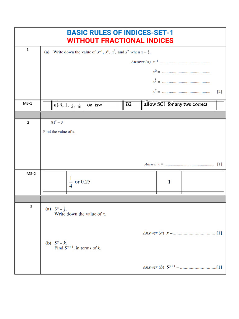 1.4.1 Basic Rules of Indices Topic Questions Set 1 QP Ms | PDF
