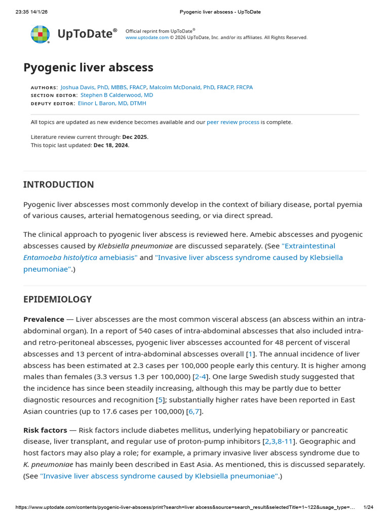 Pyogenic Liver Abscess - UpToDate 2024 Year | PDF | Sepsis | Infection