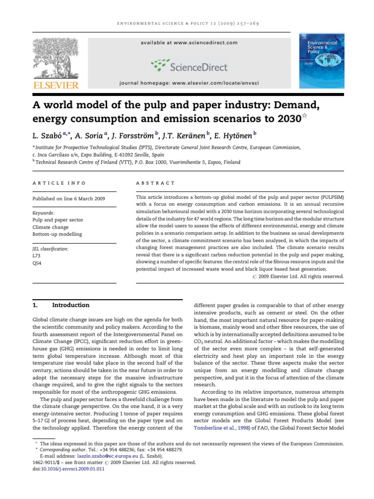 A World Model of The Pulp and Paper Industry Demand, Energy Consumption ...