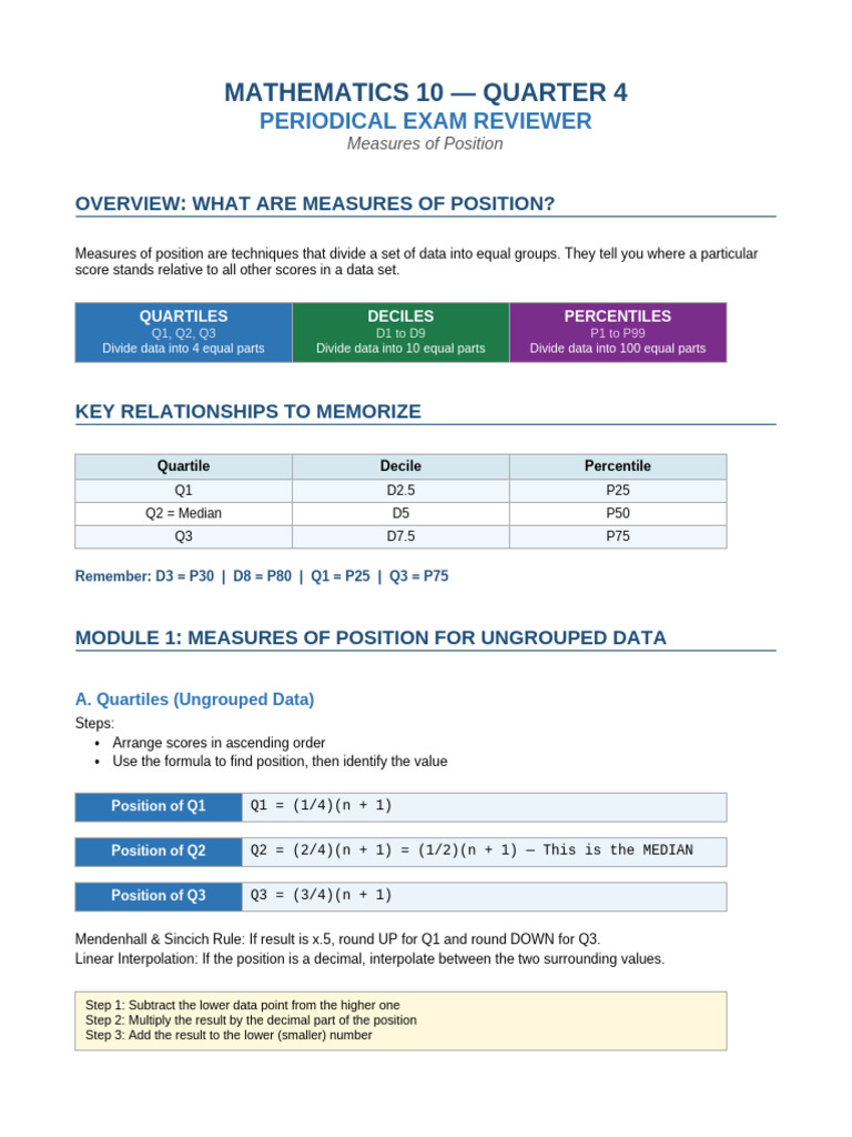 Math10 Q4 Reviewer | PDF | Percentile | Quartile