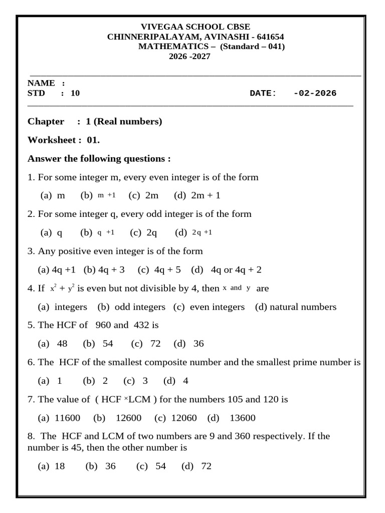 Grade 10 Worksheet-1 Chapter-1 MCQ | PDF | Numbers | Prime Number