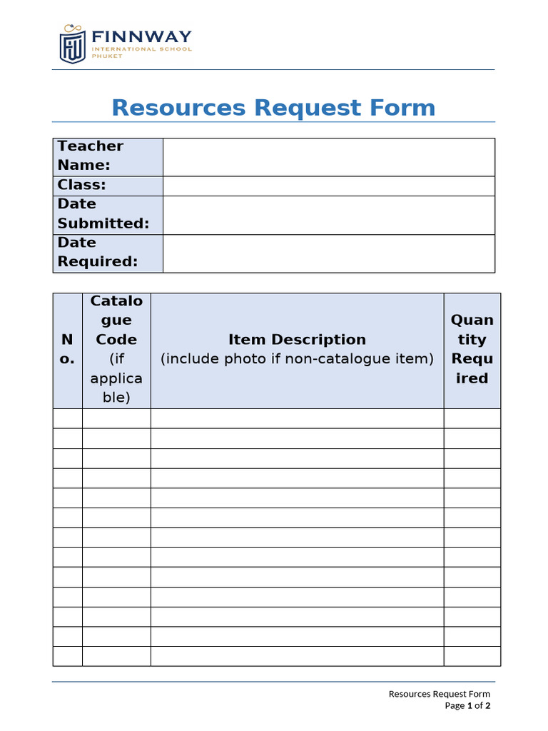 Resources Request Form Kindergarten - YOUR NAME - REQUEST DATE | PDF