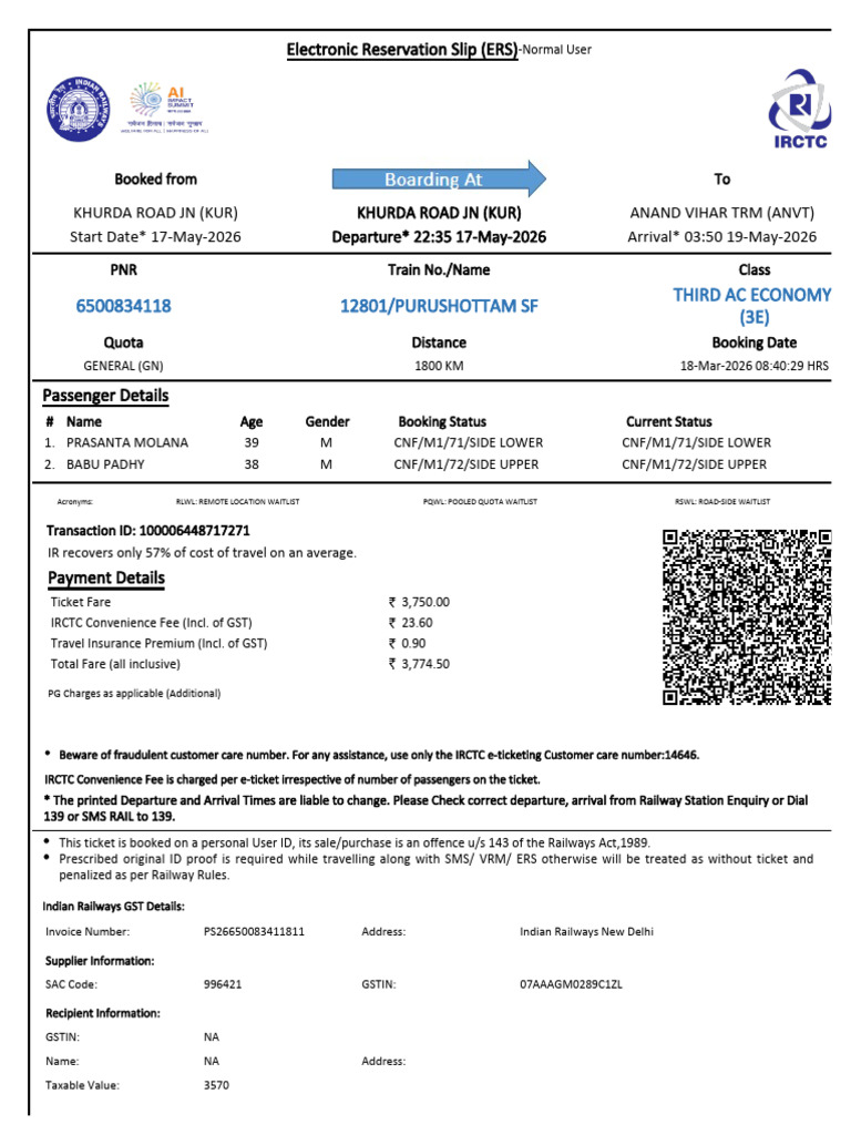 12801/purushottam SF Third Ac Economy (3E) | PDF | Identity Document