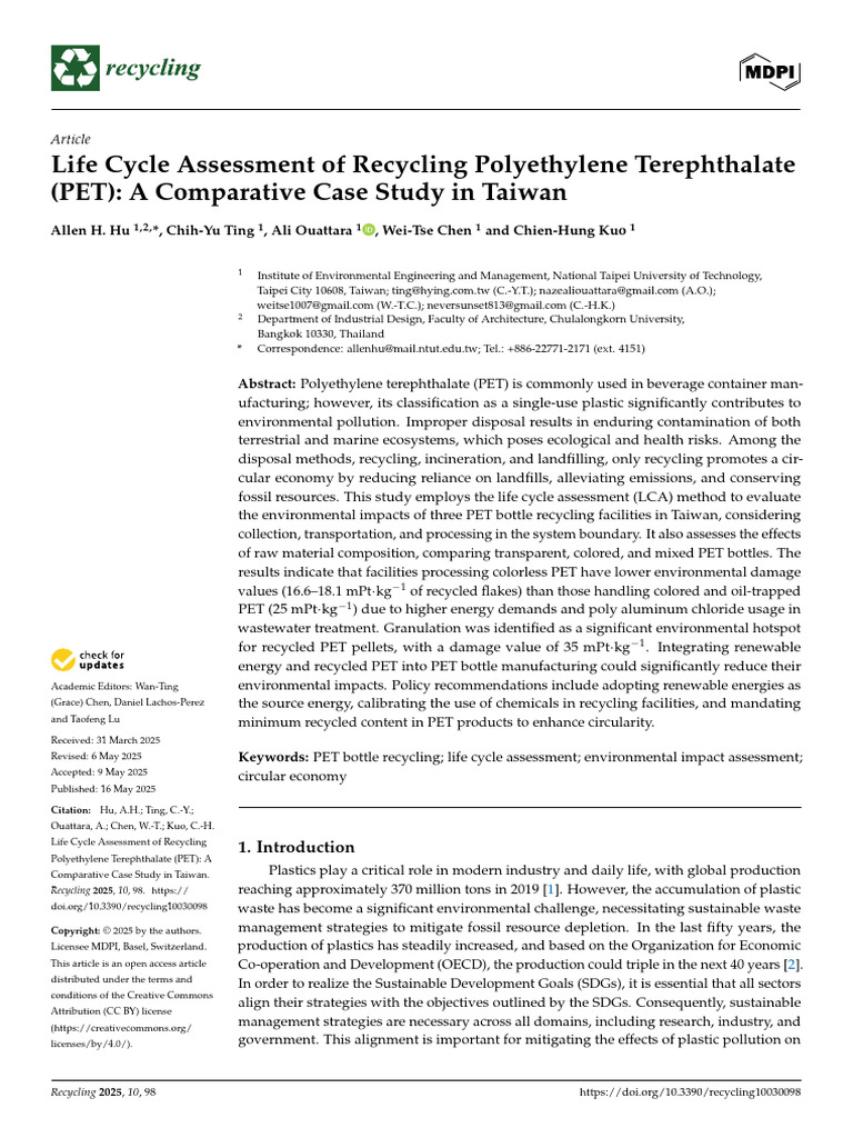 3.2 Life Cycle Assessment of Recycling Polyethylene Terephthalate (PET ...