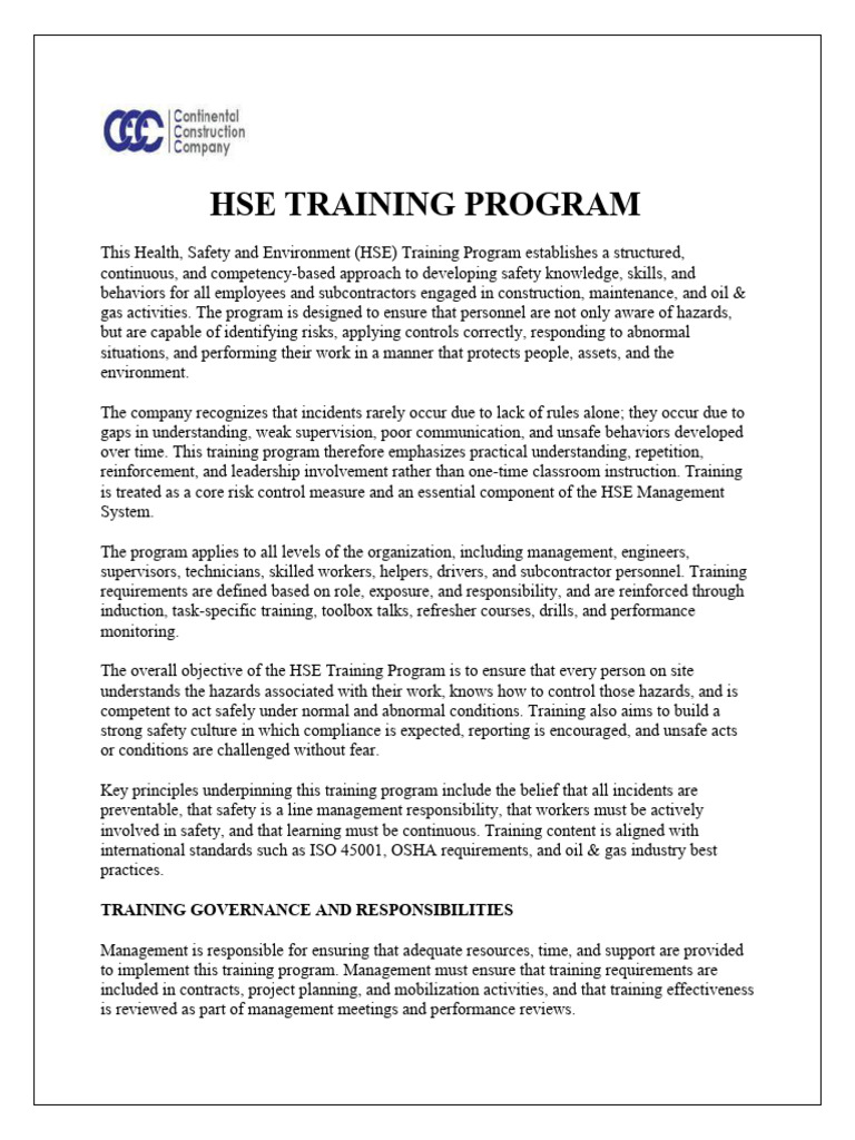 Ccc-Hse - 003-Hse Training Program | PDF | Occupational Safety And ...