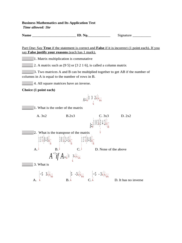 Mathematics For Business Test | PDF | Matrix (Mathematics) | Matrix Theory