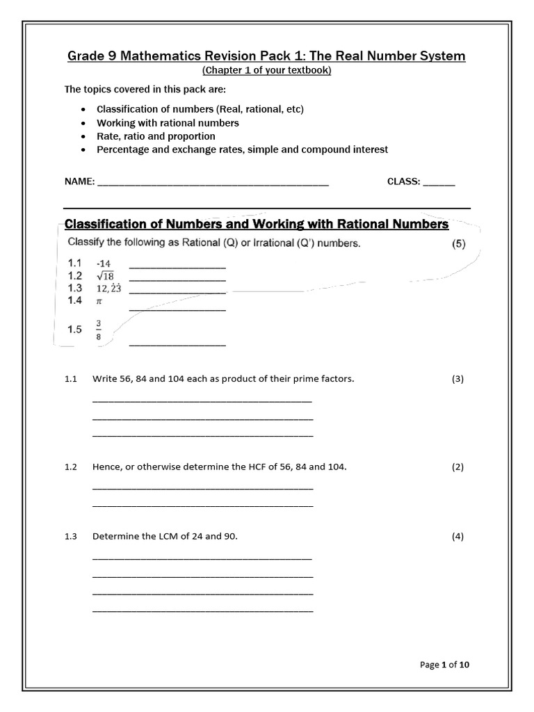 Grade 9 Mathematics Revision Pack 1 Number System 2025 | PDF